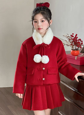 女童红色高定年货套装小香风套装2025新款儿童生日拜年表演礼服