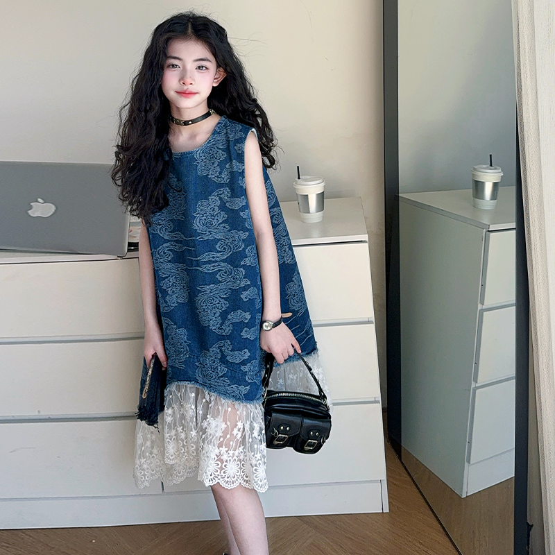 女童国潮风无袖牛仔裙2025夏季新款中大童儿童新中式背心连衣裙子