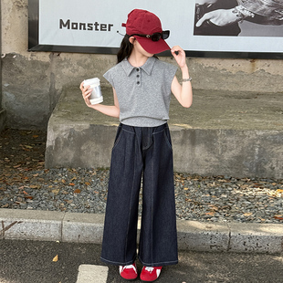 韩系穿搭女孩阔腿裤 2025新款 儿童夏季 两件套 POLO衫 女童短袖 套装