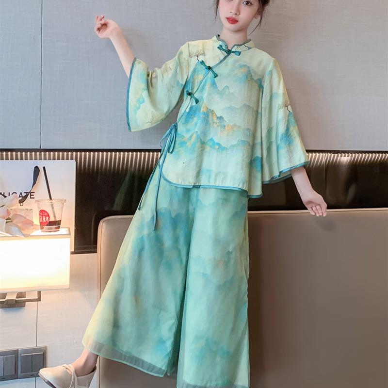 女大童洋气覆古中国风汉服套装小女孩旗袍上衣阔腿裤春秋装两件套