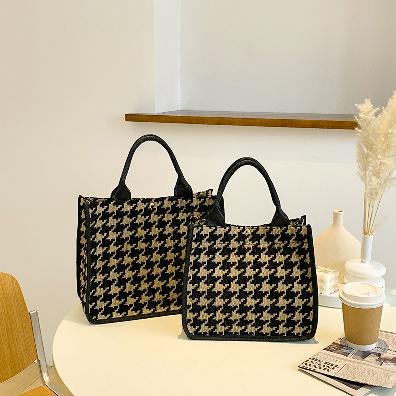 欧美风千鸟格女士手提袋帆布大容量上班通勤包时尚休闲手拎妈咪包