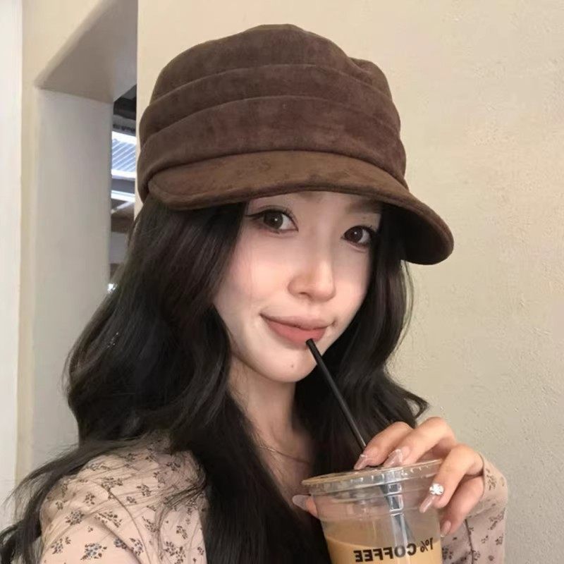 麂皮绒褶皱马术平顶帽女春秋2025新款时尚复古贝雷帽报童鸭舌帽子