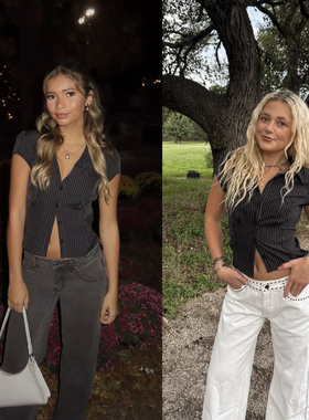 edi高智感百搭弹力掐腰泡袖辣妹开襟衬衫 外贸尾货