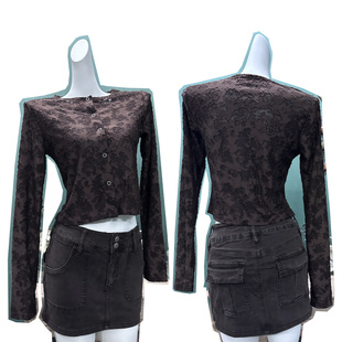 日单小众双层烧花肌理感网纱针织开衫 外贸尾货 弹力小上衣