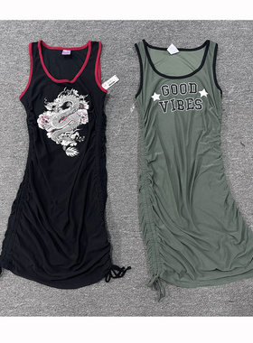 Y2k亚文化 国风印花/美式运动侧边抽绳修身弹力辣妹背心裙 外贸