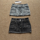 RW家立体骷髅撞钉装 外贸尾货 饰宽腰有弹水洗裙边磨破牛仔短裙