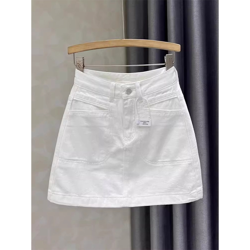 白色高腰牛仔半身裙女夏季欧货韩版显瘦小个子A字短裙防走光裙子