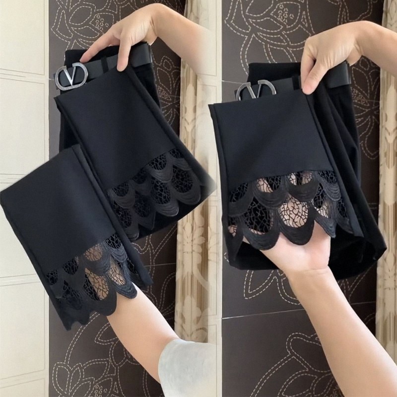 微喇叭裤子女夏欧货不规则裤脚拼接蕾丝凤尾九分裤胖mm薄款西装裤