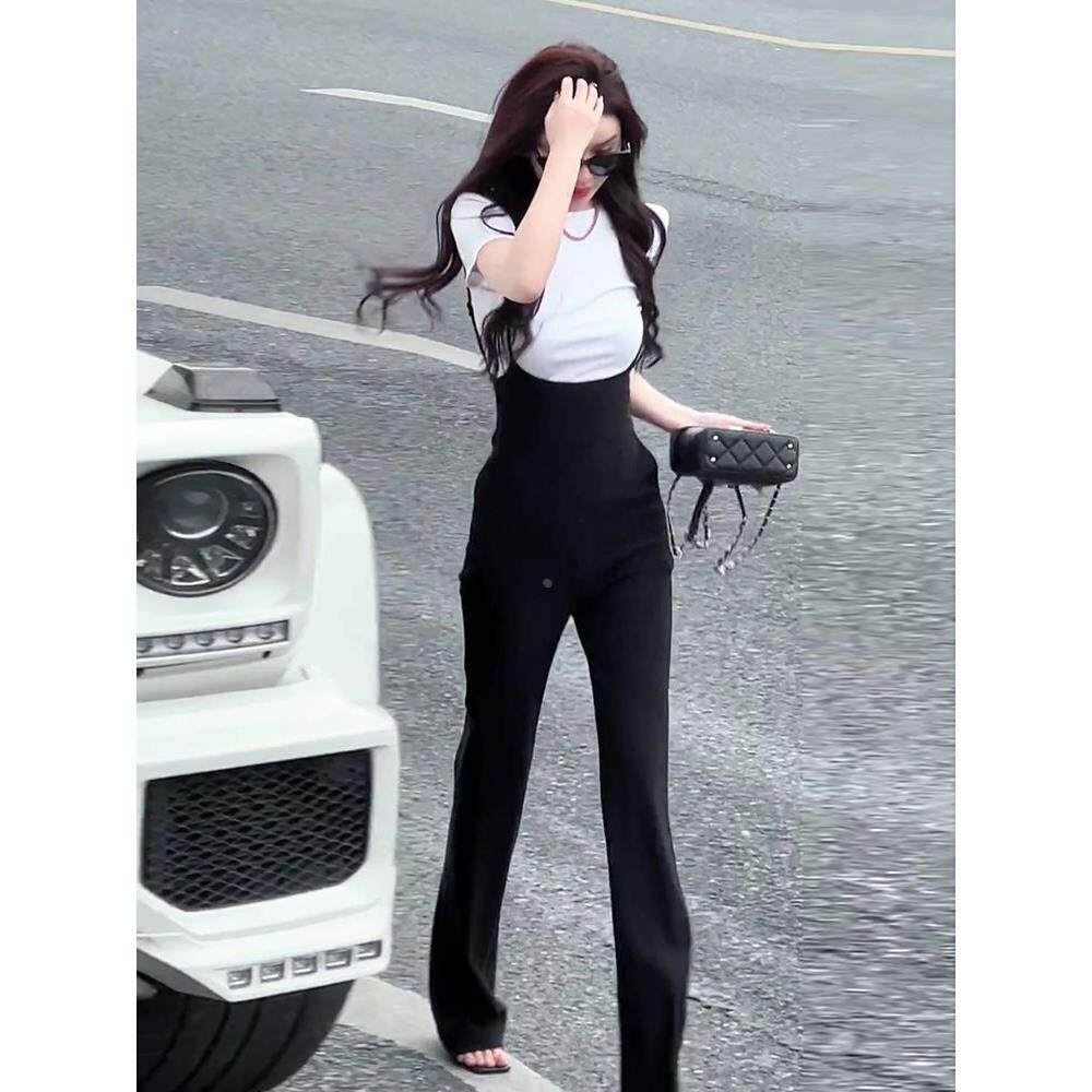 白色圆领正肩短袖T恤女夏季欧货高腰修身背带连体阔腿裤两件套装