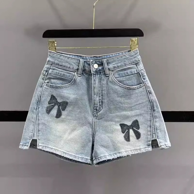 蓝色蝴蝶结刺绣牛仔短裤女夏季欧货高腰显瘦小个子热裤牛仔短裤子