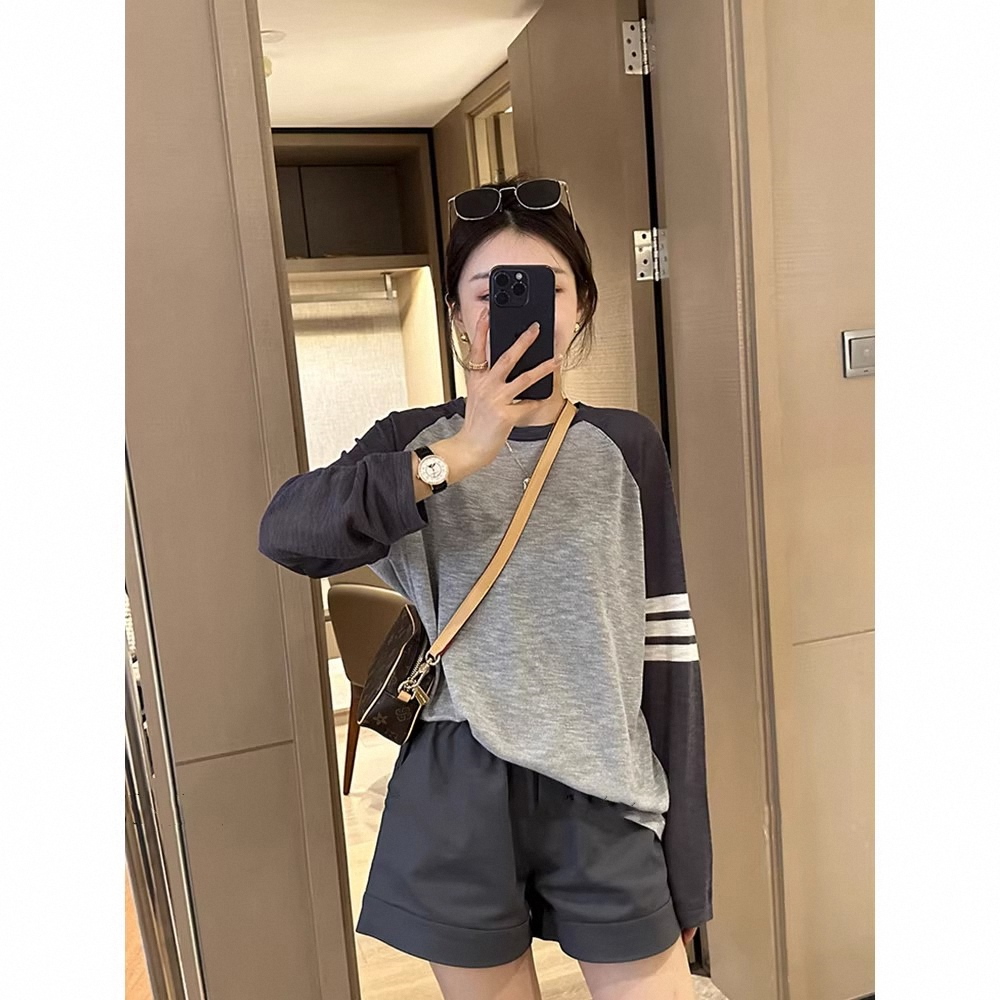 插肩长袖T恤女春秋欧货薄款空调衫拼色三条杠防晒纯棉tb潮牌上衣
