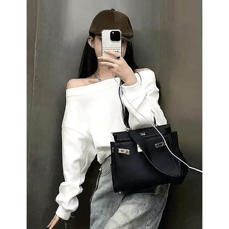 白色斜领不对称露肩卫衣女春秋季欧货小个子辣妹收腰斜肩长袖t恤