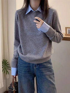 灰色假两件衬衫领毛衣女春秋欧货新款宽松显瘦针织衫内搭打底上衣