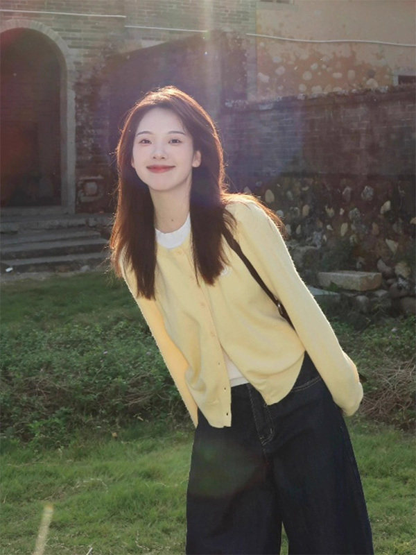 奶黄色假两件圆领长袖针织开衫女春秋欧货韩系穿搭设计感百搭毛衣