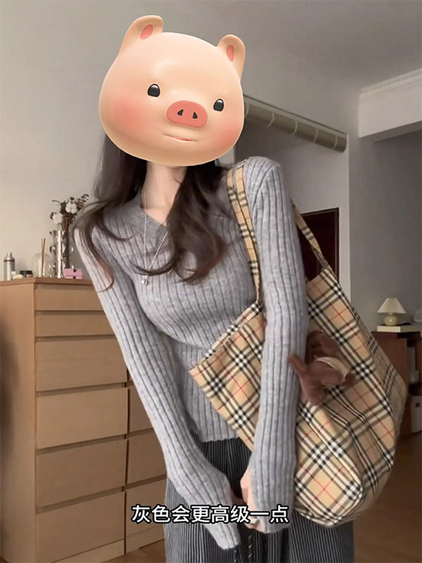 灰色v领长袖针织衫毛衣女春秋欧货新款修身显瘦内搭打底衫上衣