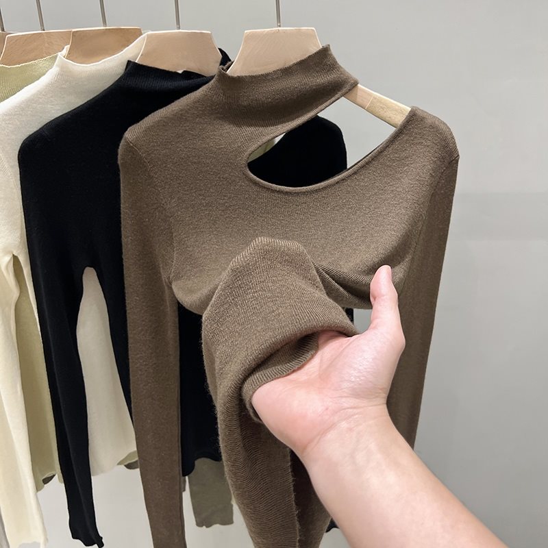 露肩半高领毛衣打底衫女秋冬季欧货挂脖内搭法式锁骨中领弹力上衣