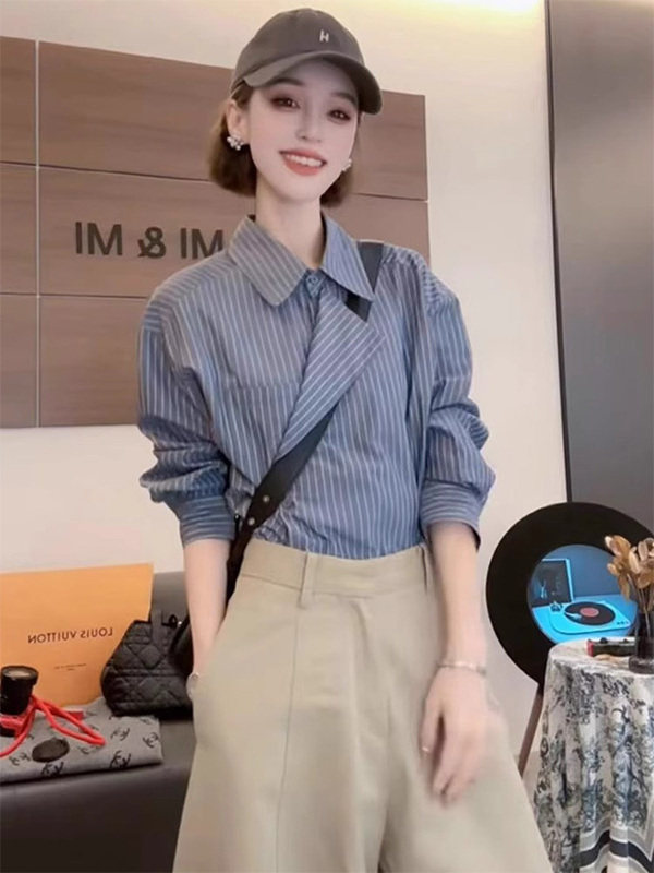 藏青色条纹翻领长袖衬衫女春秋欧货不规则修身显瘦百搭小个子上衣