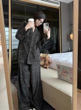 灰色豹纹睡衣两件套女秋冬欧货老钱风长袖阔腿裤宽松家居服套装