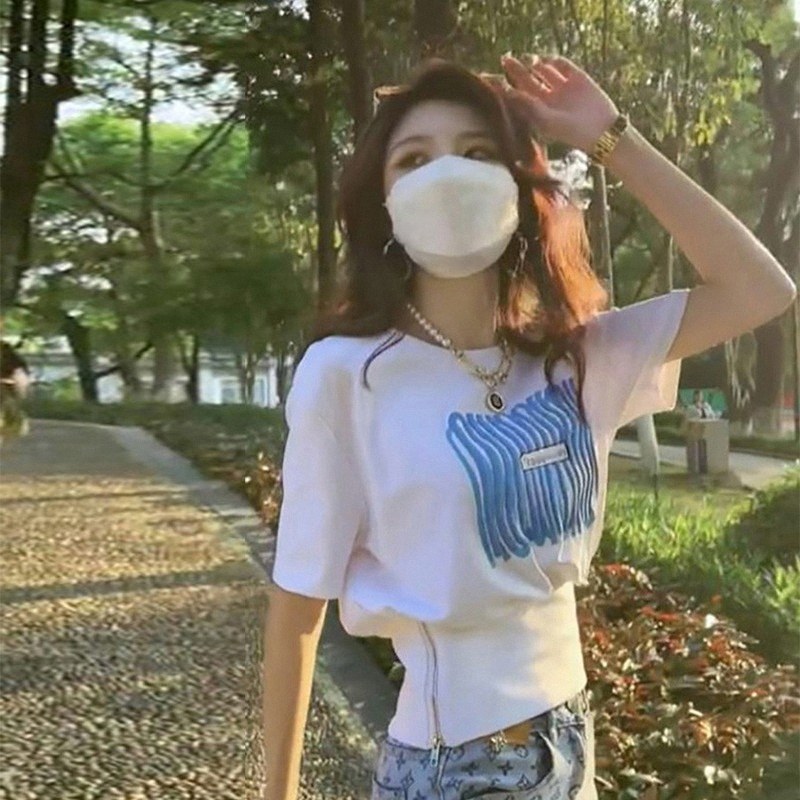 白色纯棉正肩印花短袖t恤女夏欧货侧边拉链收腰修身短款辣妹上衣