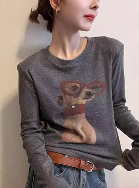 深灰色圆领长袖T恤女秋冬欧货卡通印花修身显瘦内搭打底衫上衣