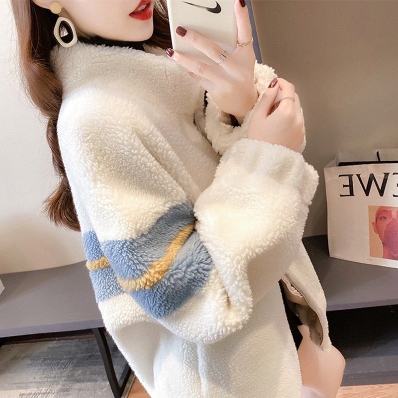 仿羊羔毛卫衣女冬季欧货大衣中长款开衫加绒加厚拼接保暖棉服外套