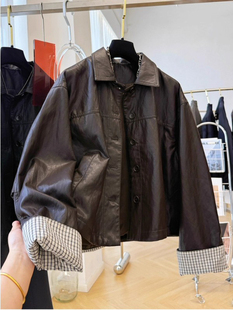 咖色翻领pu皮衣外套女秋冬欧货宽松休闲排扣格子拼接短款夹克上衣