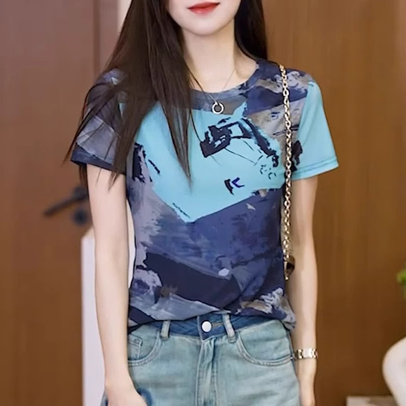 蓝色水墨画印花短袖T恤女夏季欧货圆领网纱薄款百搭修身显瘦上衣