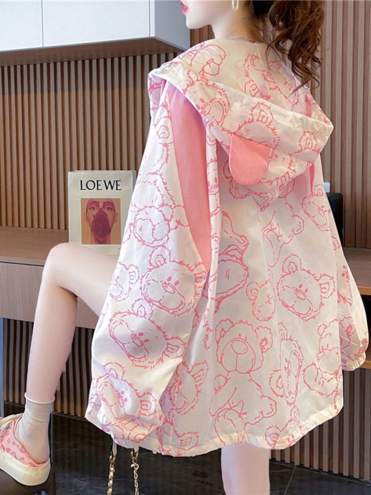 小熊防晒衣女夏季薄款运动外套中长款开衫连帽风衣大码户外骑行服