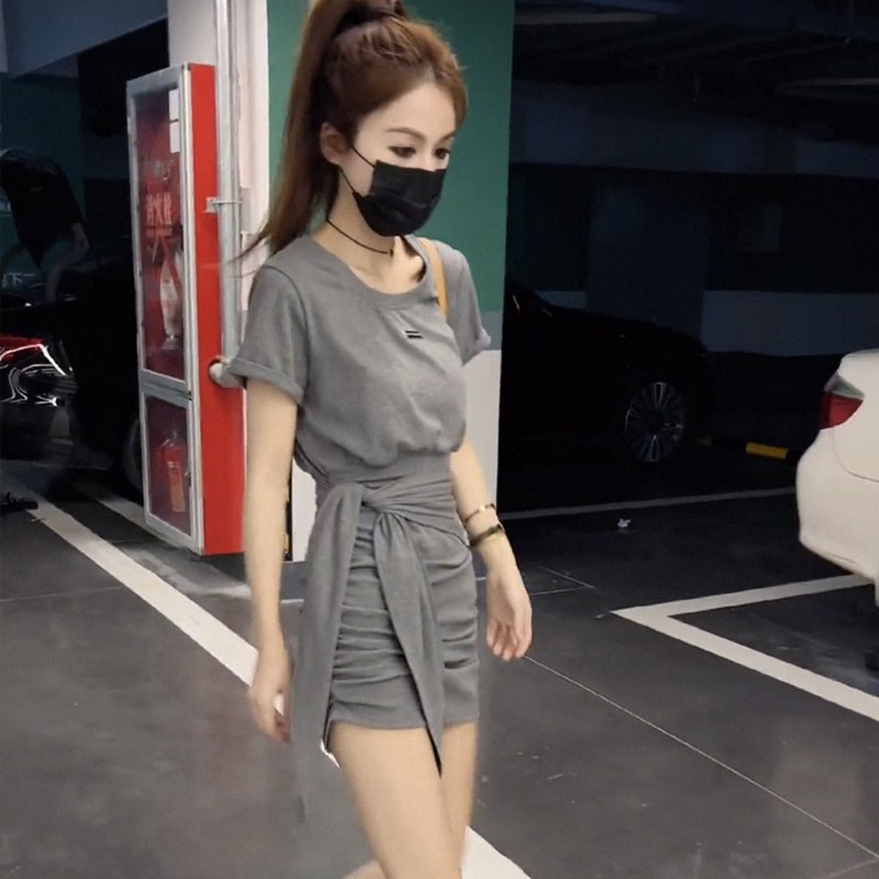不规则短袖T恤洋装女夏季欧货褶皱紧身辣妹包臀裙绑带打底短裙