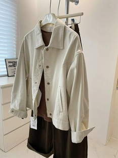 米色明线设计翻领长袖牛仔外套女春秋欧货修身显瘦短款夹克上衣