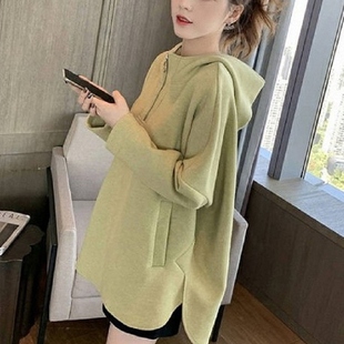 连帽卫衣女春秋欧货中长款纯色遮屁股上衣加绒加厚半拉链长袖T恤