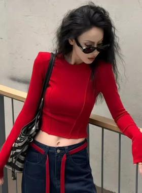 红色圆领长袖T恤女春秋欧货新款修身显瘦内搭打底衫辣妹短款上衣