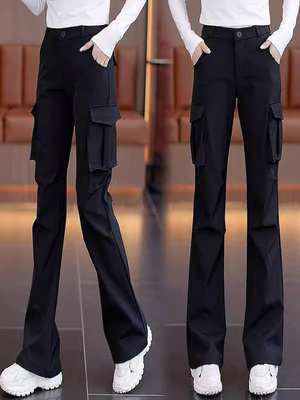 黑色多口袋工装裤女秋冬欧货加绒加厚高腰显瘦微喇叭垂坠感直筒裤