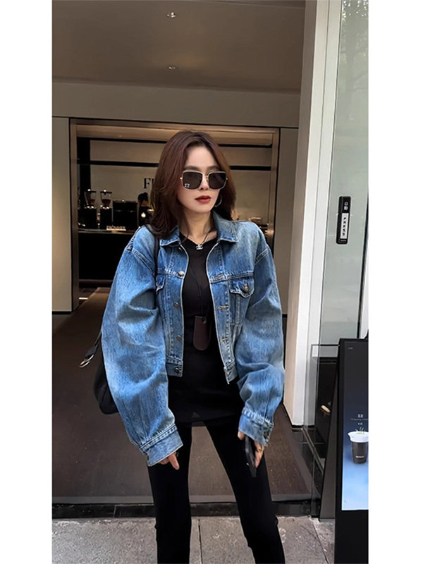蓝色牛仔短款外套女2025春秋欧货新款早秋高级休闲洋气宽松上衣