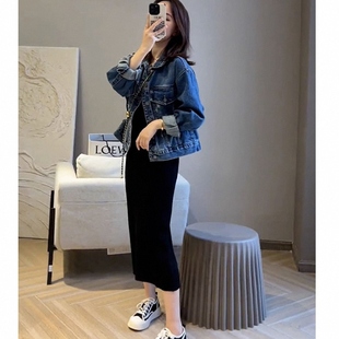 套装裙女春秋欧货短款小香风牛仔外套小个子黑色吊带连衣裙两件套