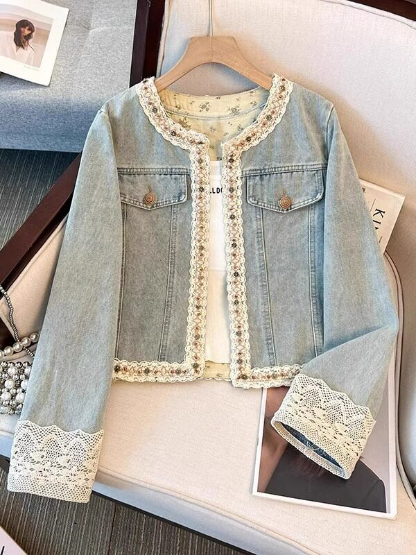 蓝色蕾丝拼接牛仔短款外套女春秋欧货小香风宽松气质显瘦夹克上衣