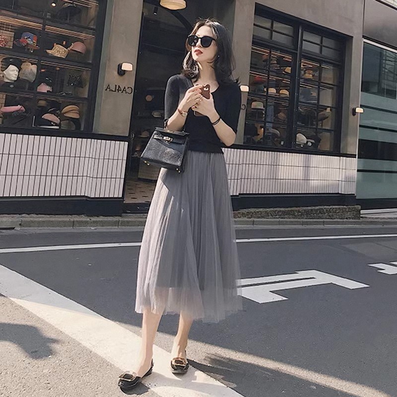 纱裙女春秋欧货小个子半身裙中长款高腰复古百褶网纱裙a字长裙子