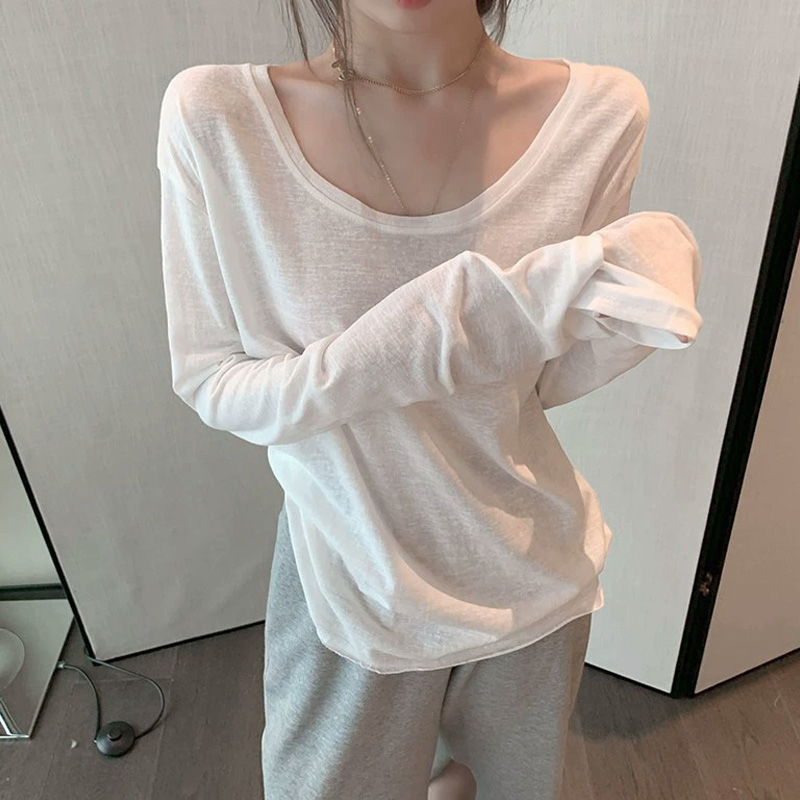 纯棉白色t恤女春秋季欧货新款宽松长袖内搭打底衫大领口洋气上衣