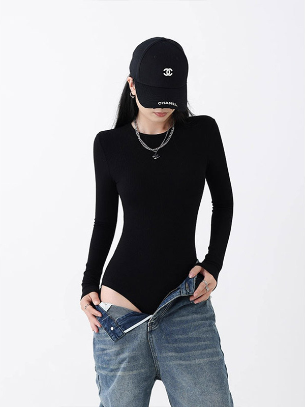 黑色圆领长袖连体T恤女春秋季欧货纯色螺纹弹力修身连身连裆上衣