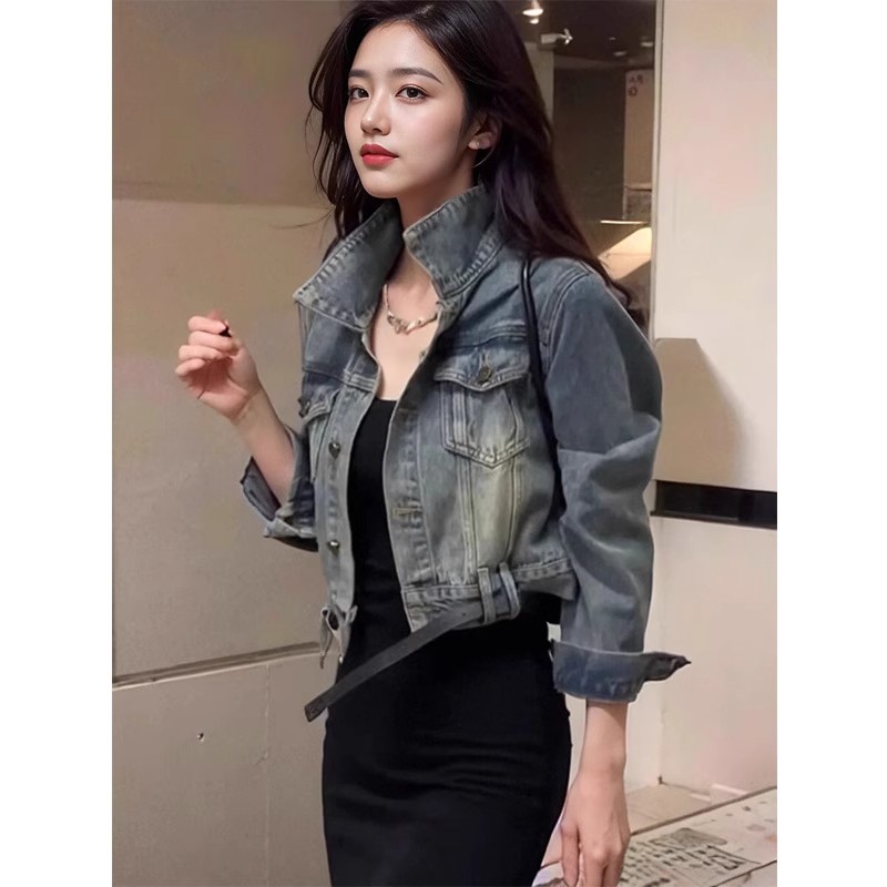 水洗牛仔外套女春秋季欧货短款夹克港风覆古做旧上衣polo翻领衬衫