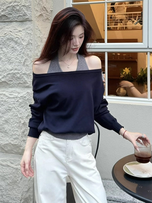 藏青色一字领拼接假两件长袖T恤女春秋欧货修身显瘦小众露肩上衣
