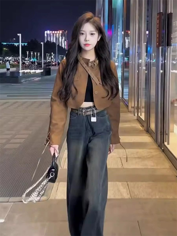 棕色短款皮衣外套女春秋欧货高级感小众美拉德机车服pu皮夹克上衣