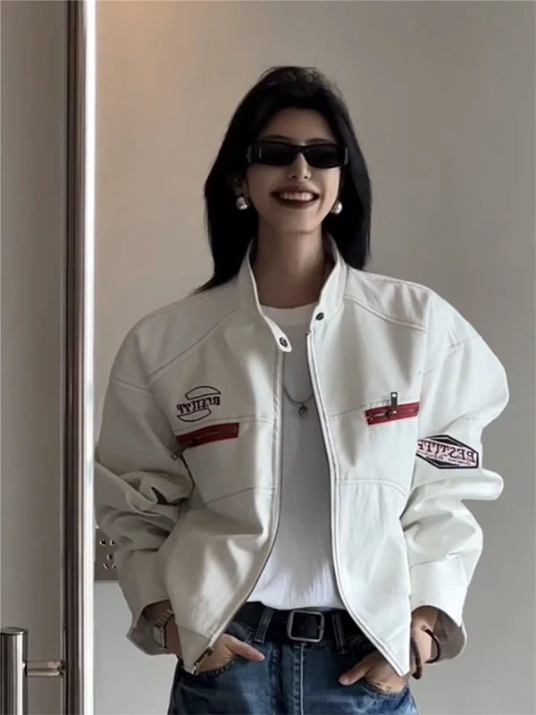 白色PU皮衣机车服外套女春秋欧货新款拼接刺绣宽松百搭短款夹克潮