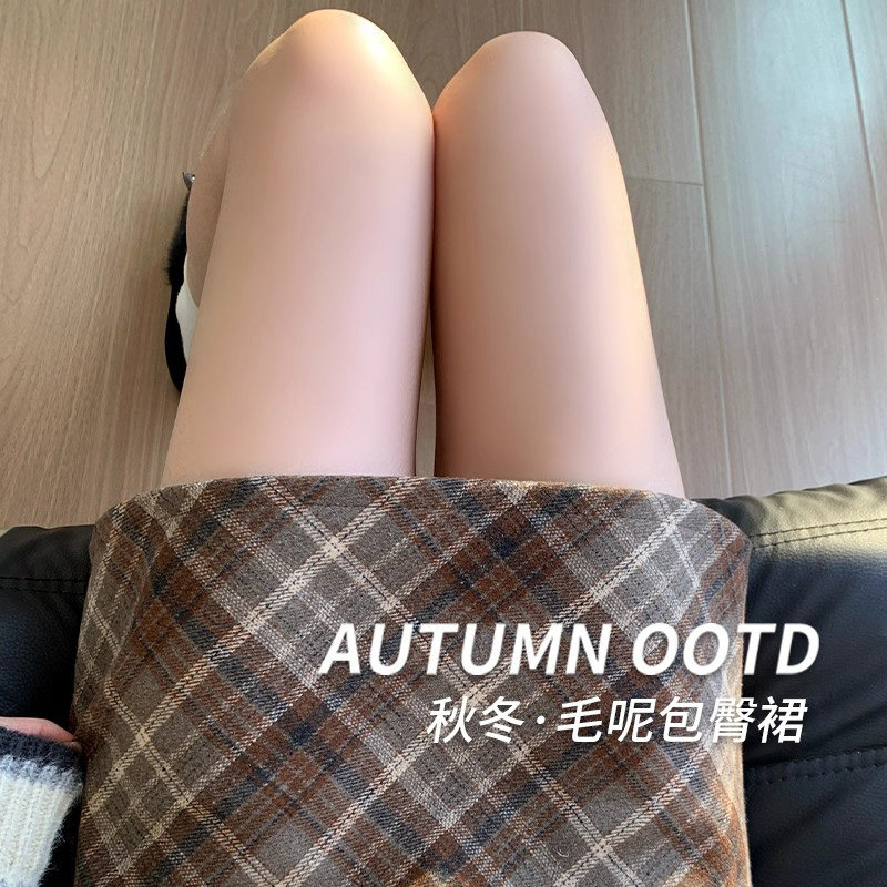 咖色格子半身裙女秋冬欧货加绒高腰显瘦小个子a字包臀裙宽松短裙