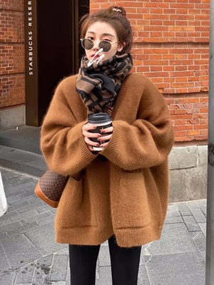 覆古加厚大毛衣开衫外套女秋冬季欧货慵懒风软糯宽松外穿针织上衣