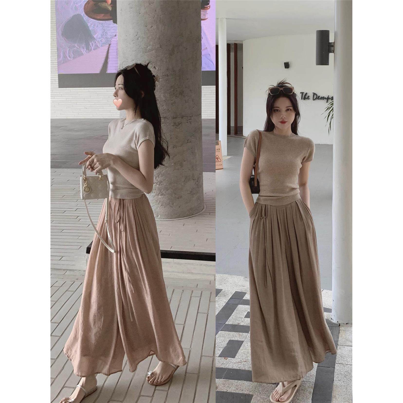 针织弹力收腰短袖T恤女夏欧货高腰棉麻阔腿裤冰丝长裤裙两件套装