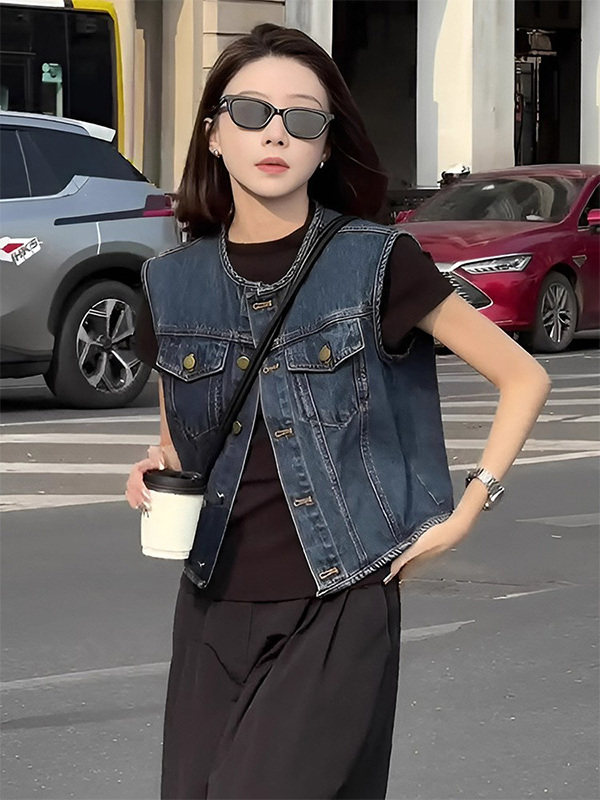 覆古蓝色短款无袖背心牛仔外套女春秋欧货新款圆领显瘦马夹上衣
