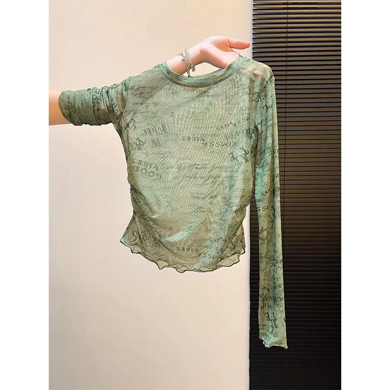 绿色美式复古网纱长袖T恤女夏季欧货时尚木耳边设计感打底衫上衣