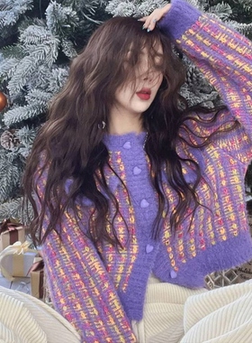 费尔岛毛衣女秋冬季欧货冰岛爱心紫色针织开衫短款小香风提花外套