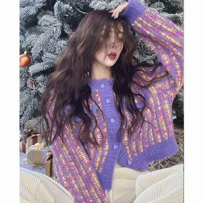 费尔岛毛衣女秋冬季欧货冰岛爱心紫色针织开衫短款小香风提花外套